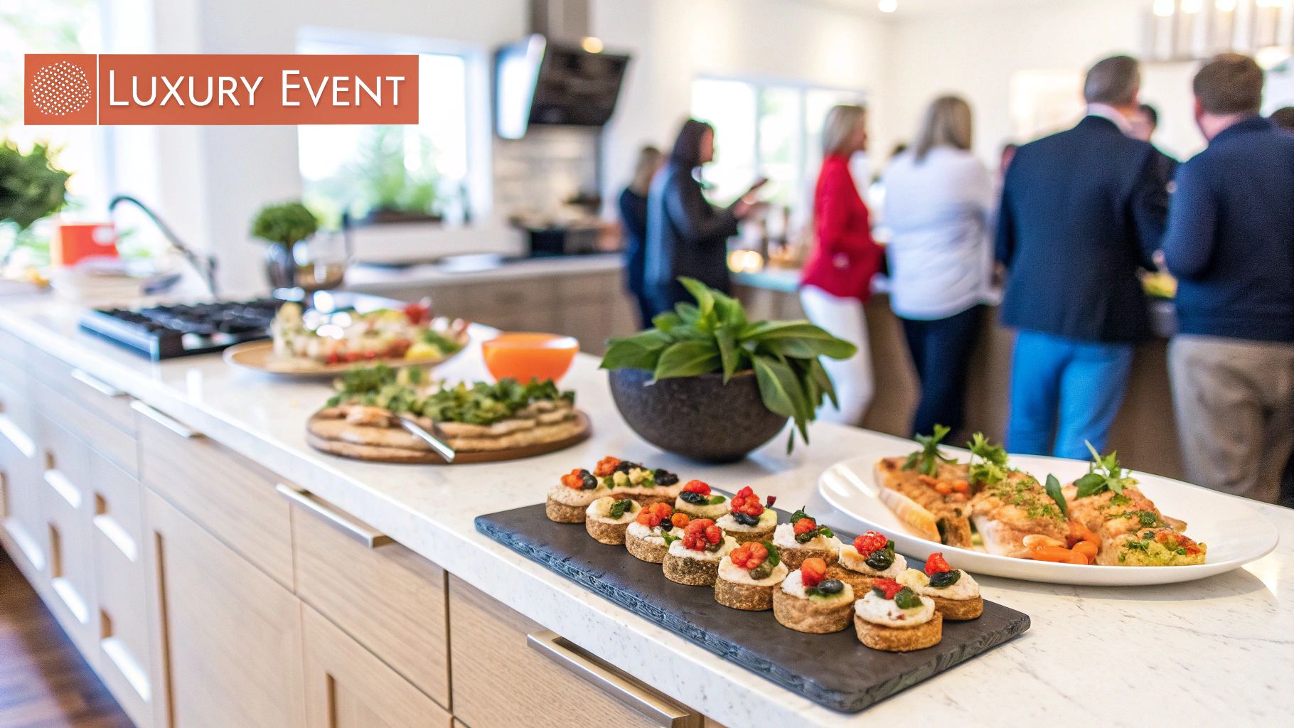 An elegant kitchen counter filled with gourmet appetizers at a luxury event with guests mingling.