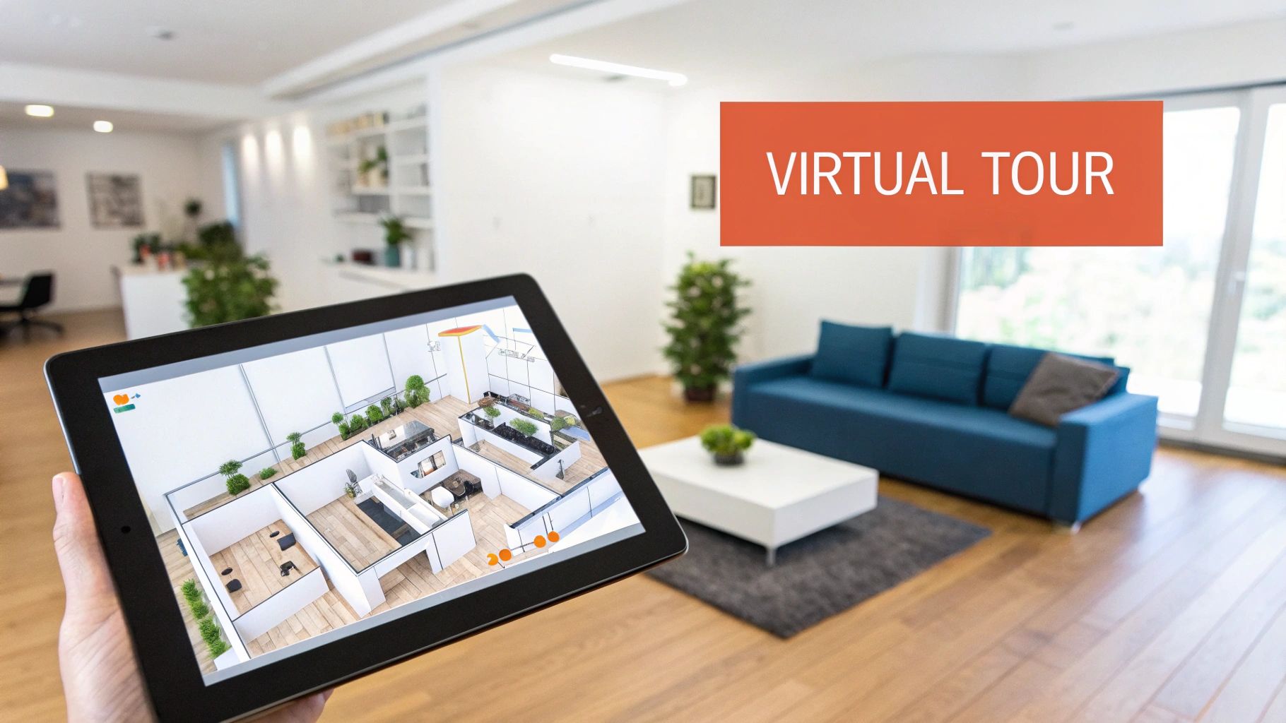 Hand holding tablet displaying a 3D virtual tour floor plan of a modern home.