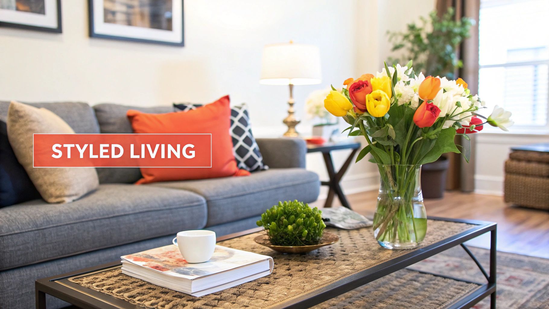A beautifully styled living room featuring a grey sofa, vibrant pillows, and a coffee table with flowers and decor.