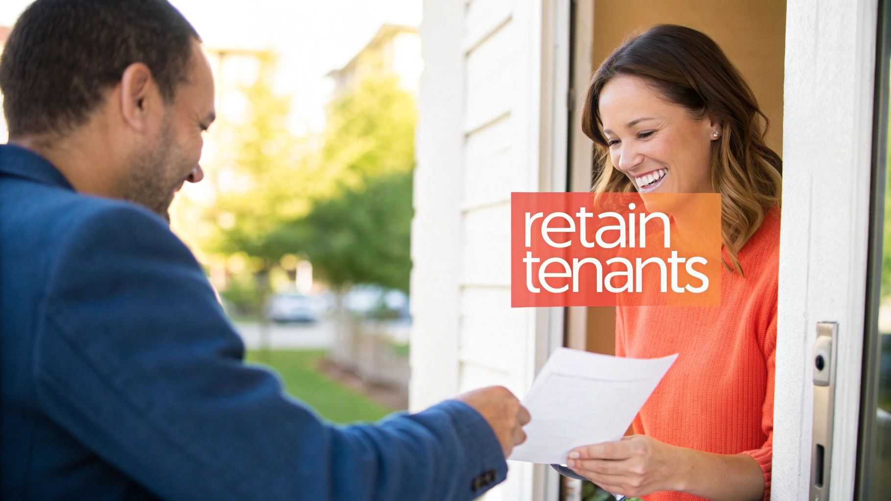 Smiling woman receives papers from a man at her doorstep, highlighting 'retain tenants'.