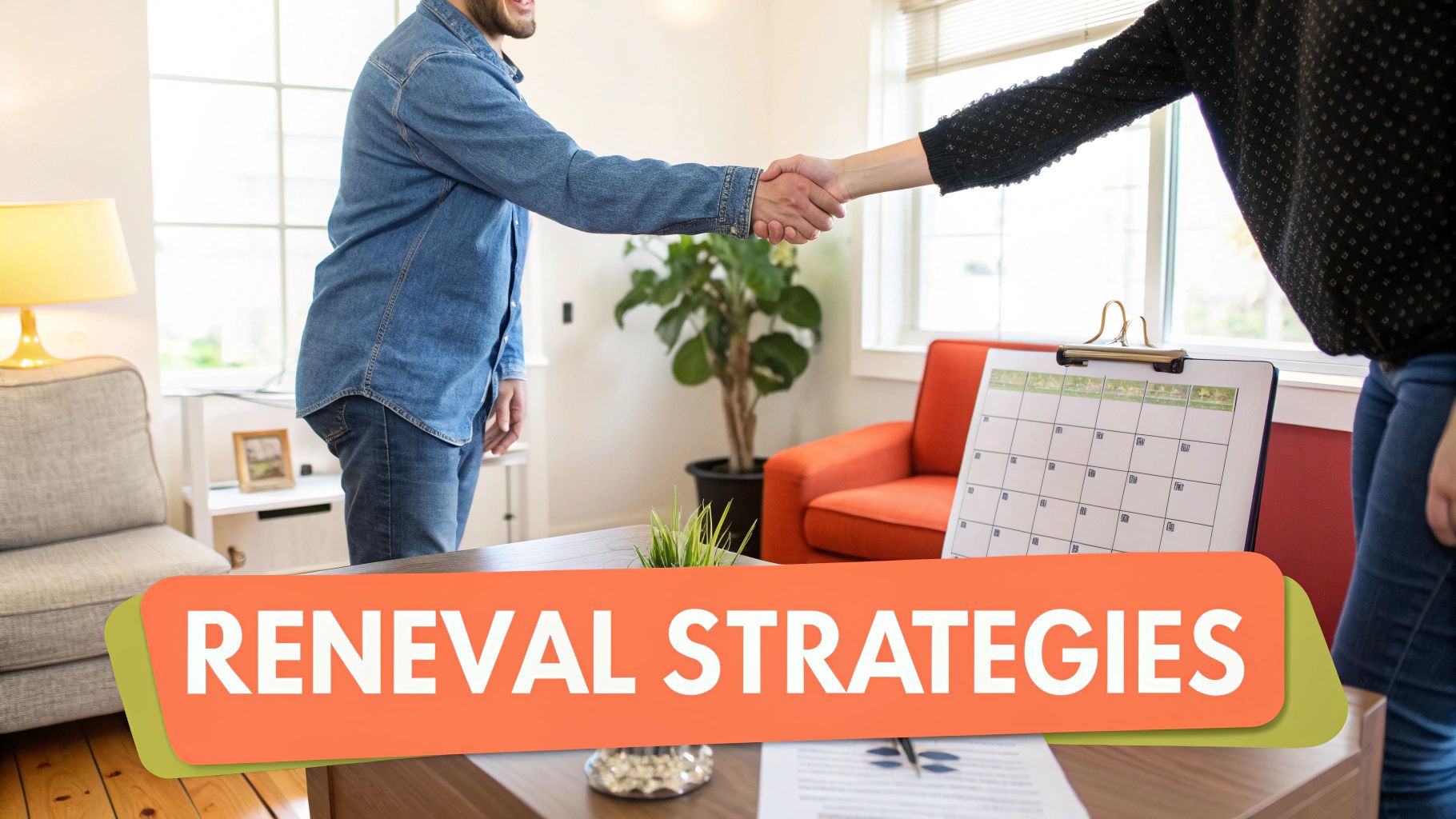 Two people shaking hands in an office, with a calendar and 'RENEWAL STRATEGIES' text overlay.
