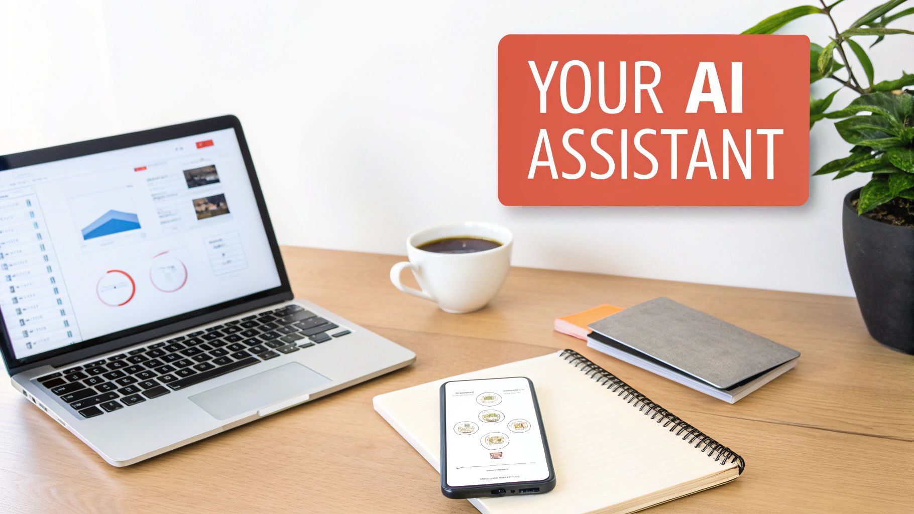 A modern workspace with a laptop displaying data, coffee, smartphone, notebooks, and a 'YOUR AI ASSISTANT' banner.