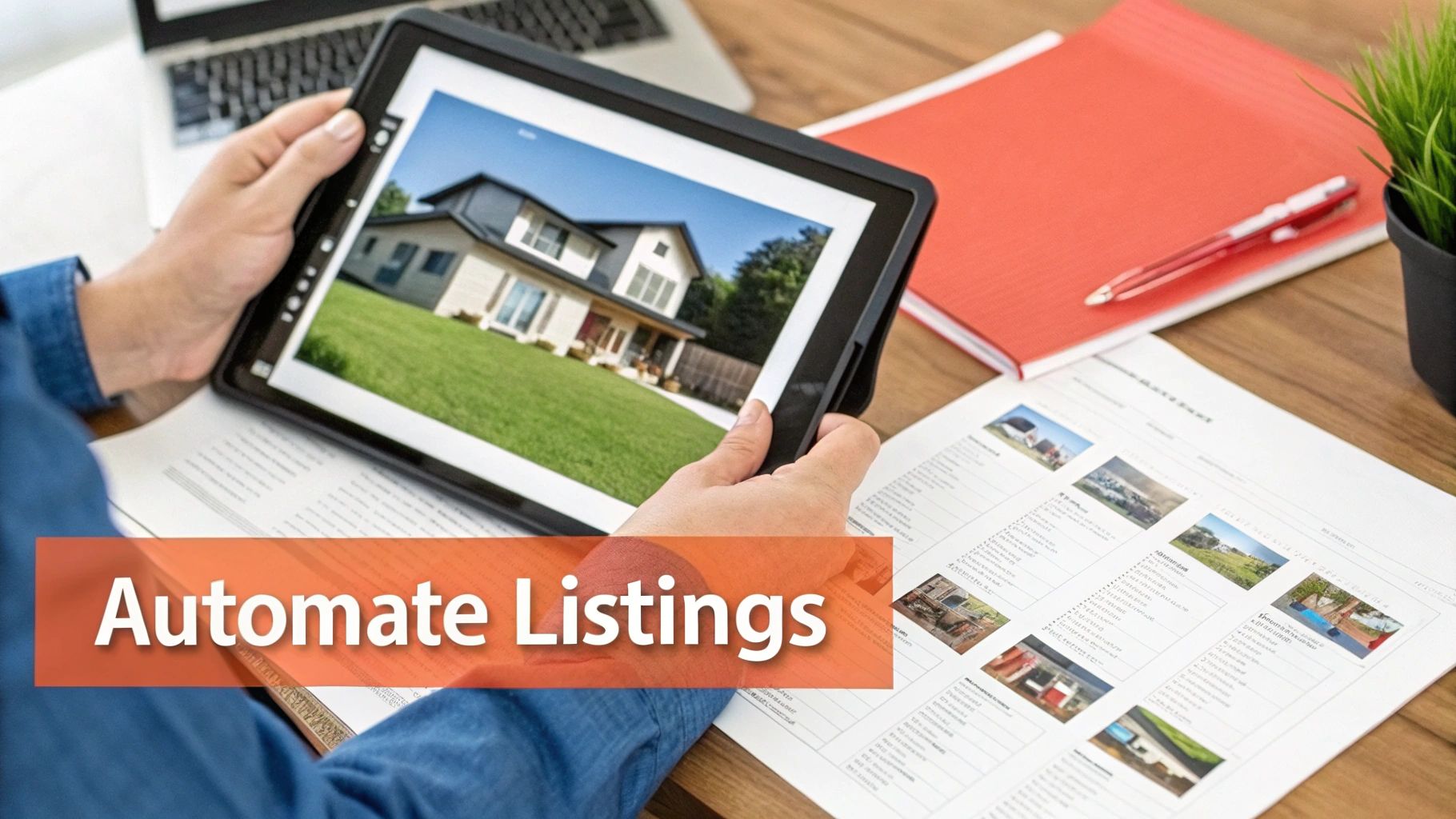 A person holds a tablet displaying a house image, with real estate listing documents and a laptop on a desk.