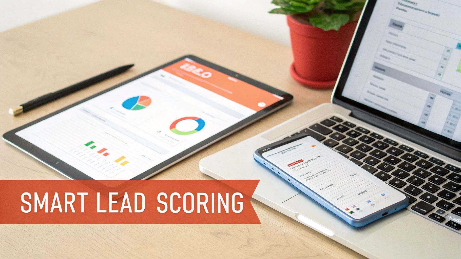 A digital workspace displaying smart lead scoring on a tablet, laptop, and smartphone.