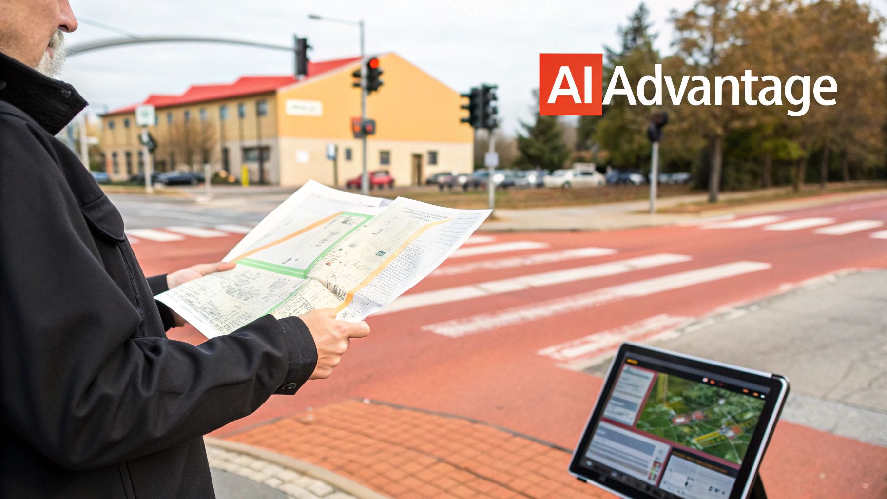 A person holds a paper map and a tablet displaying an AI-powered smart city map near a crosswalk.