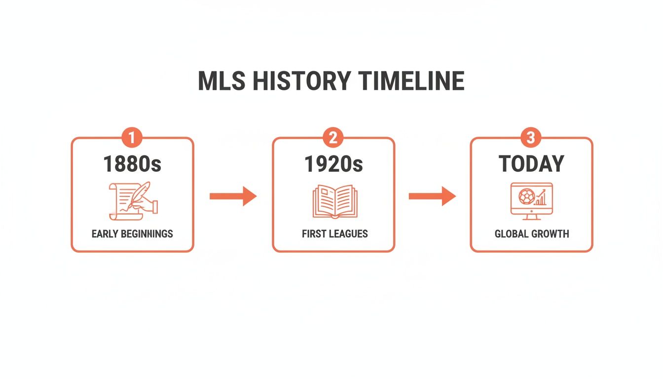 A timeline illustrating the history of MLS, from its early beginnings in the 1880s to global growth today.