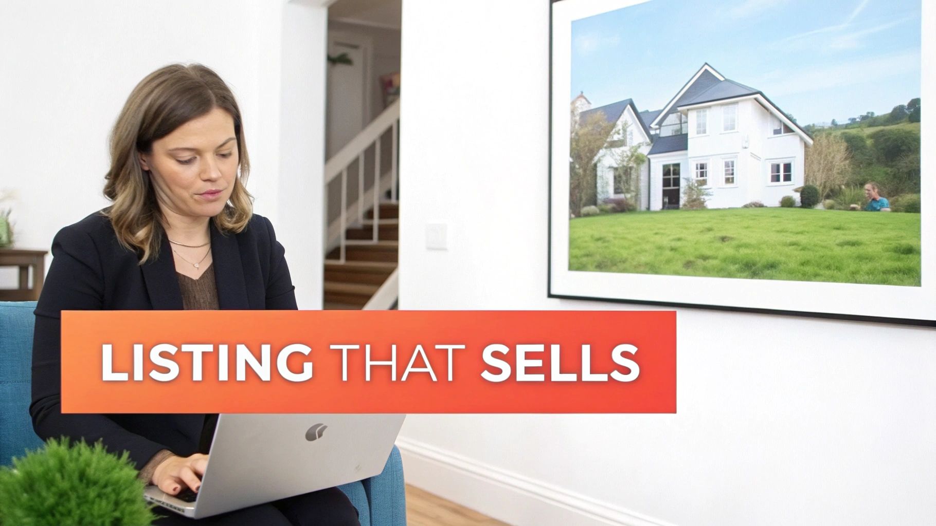 A woman working on a laptop with a 'LISTING THAT SELLS' banner and a framed picture of a house.