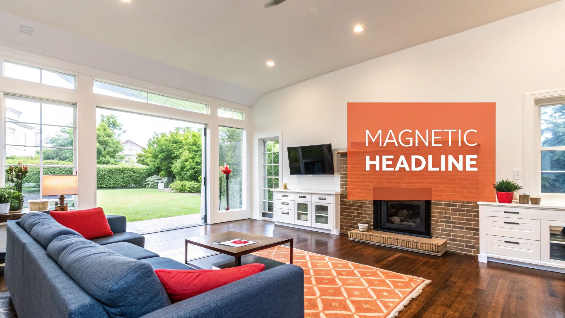 A bright, modern living room featuring a blue sofa, fireplace, TV, and large windows overlooking a green backyard.