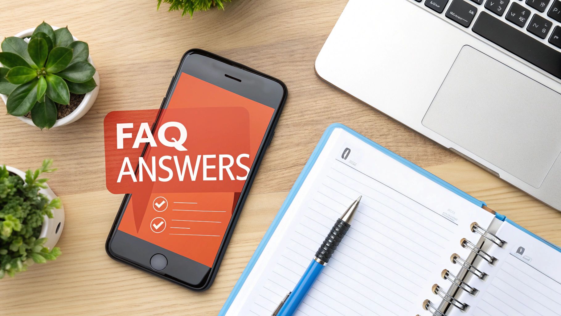A flat lay of a desk with a smartphone showing 'FAQ ANSWERS', a laptop, notebook, pen, and plants.