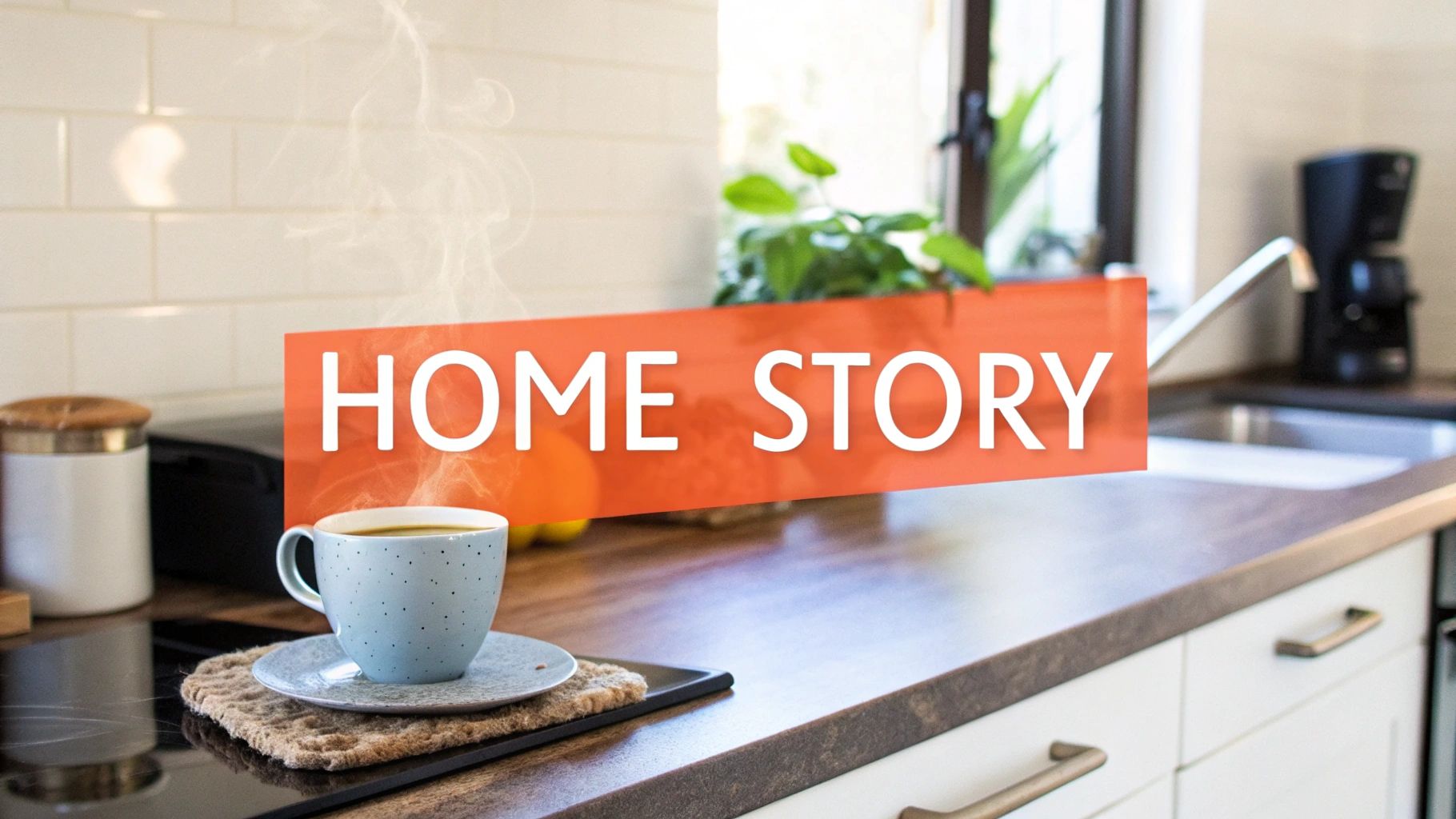A cozy kitchen counter scene with a steaming cup of coffee and a prominent 'HOME STORY' banner.