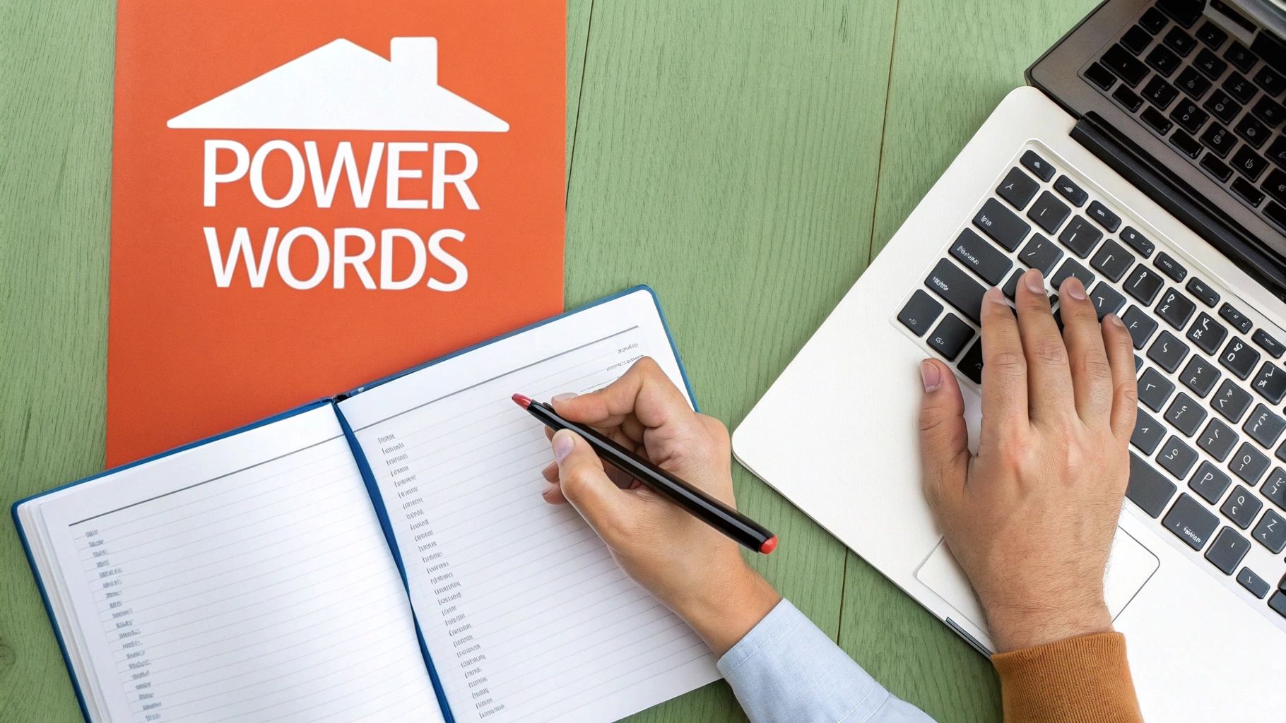 A person writes in a notebook and types on a laptop next to a 'Power Words' cover.