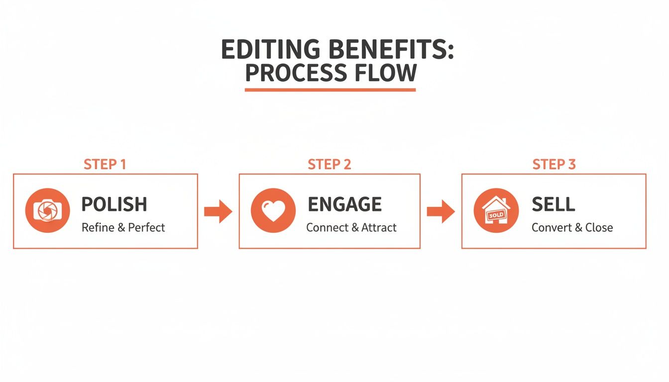 A three-step process flow illustrating how editing benefits lead to polishing, engaging, and selling.