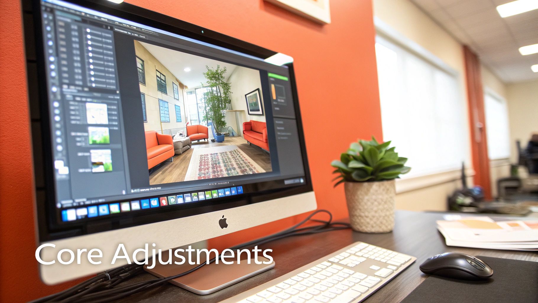 An Apple iMac displaying real estate photo editing software, showing a virtual living room scene.