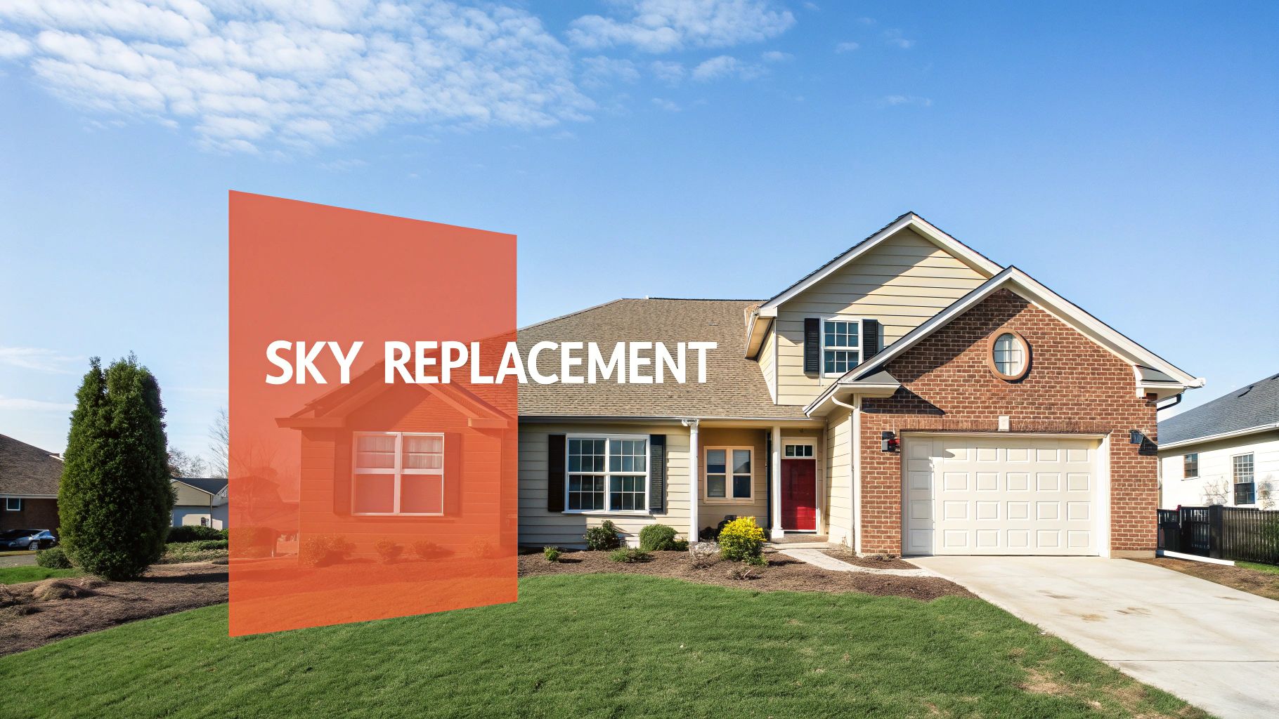 A modern house with a bright blue sky partially covered by an orange 'SKY REPLACEMENT' graphic.