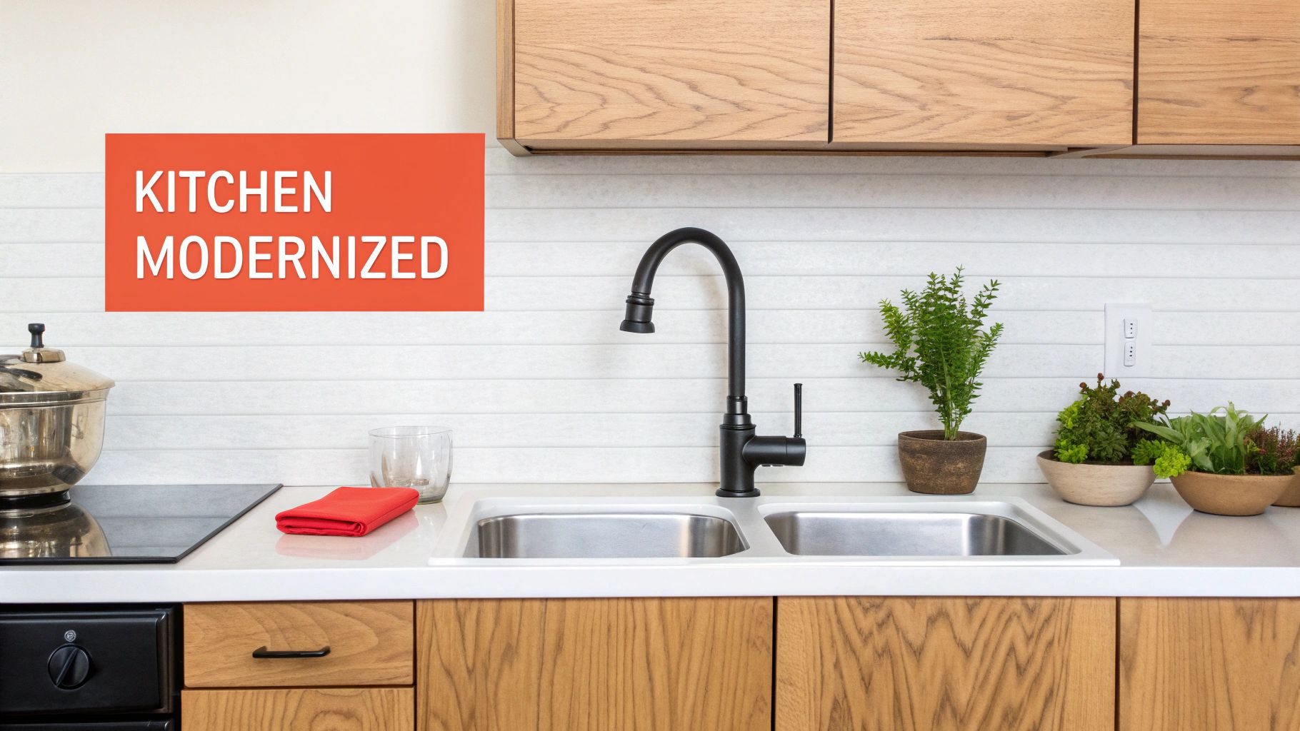 A modern kitchen featuring light wood cabinets, white tiled backsplash, black faucet, and stainless steel sinks.