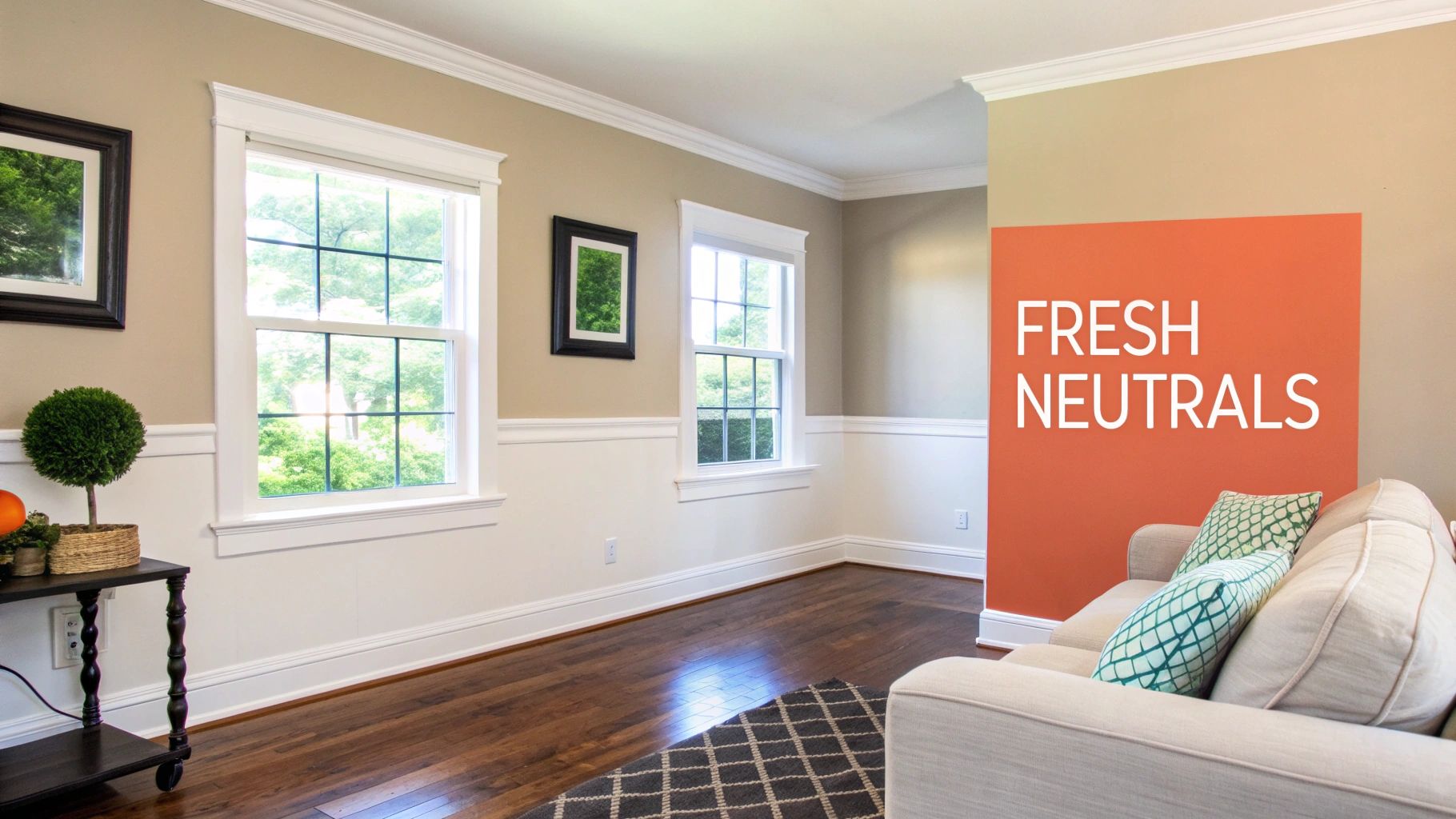 A well-lit room featuring neutral walls, white trim, wood floors, and a beige sofa.