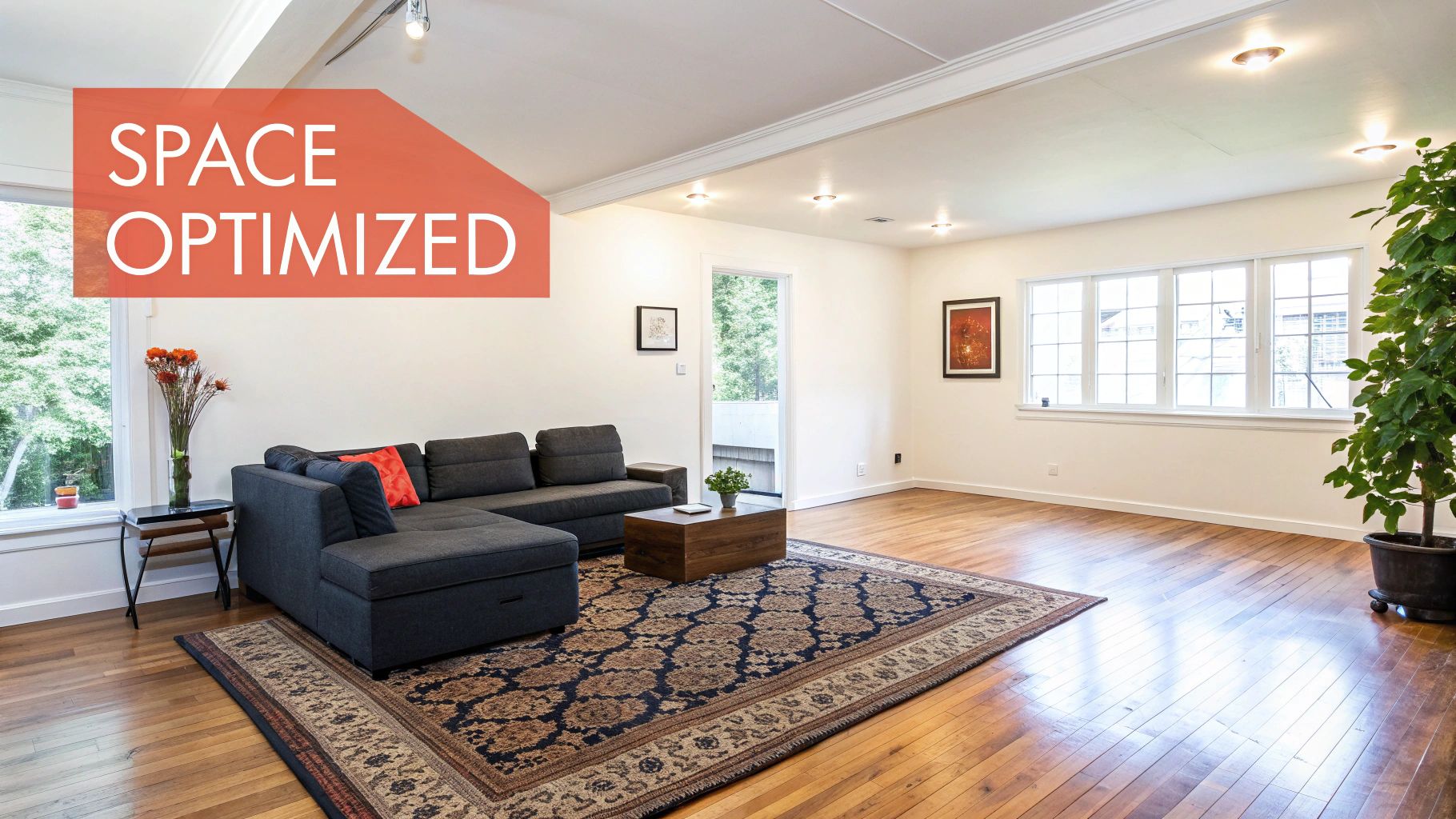 Spacious, bright living room featuring a sectional sofa, patterned rug, and natural light.