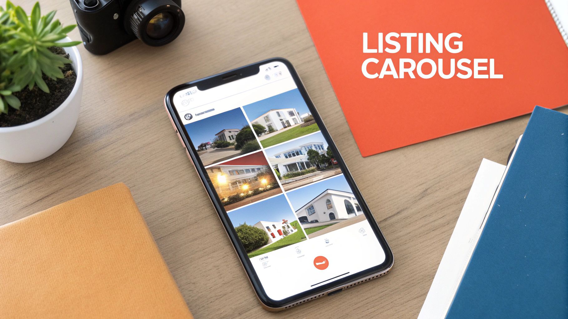 An iPhone on a wooden desk displays a grid of real estate property photos, next to a camera and an orange document titled 'LISTING CAROUSEL'.