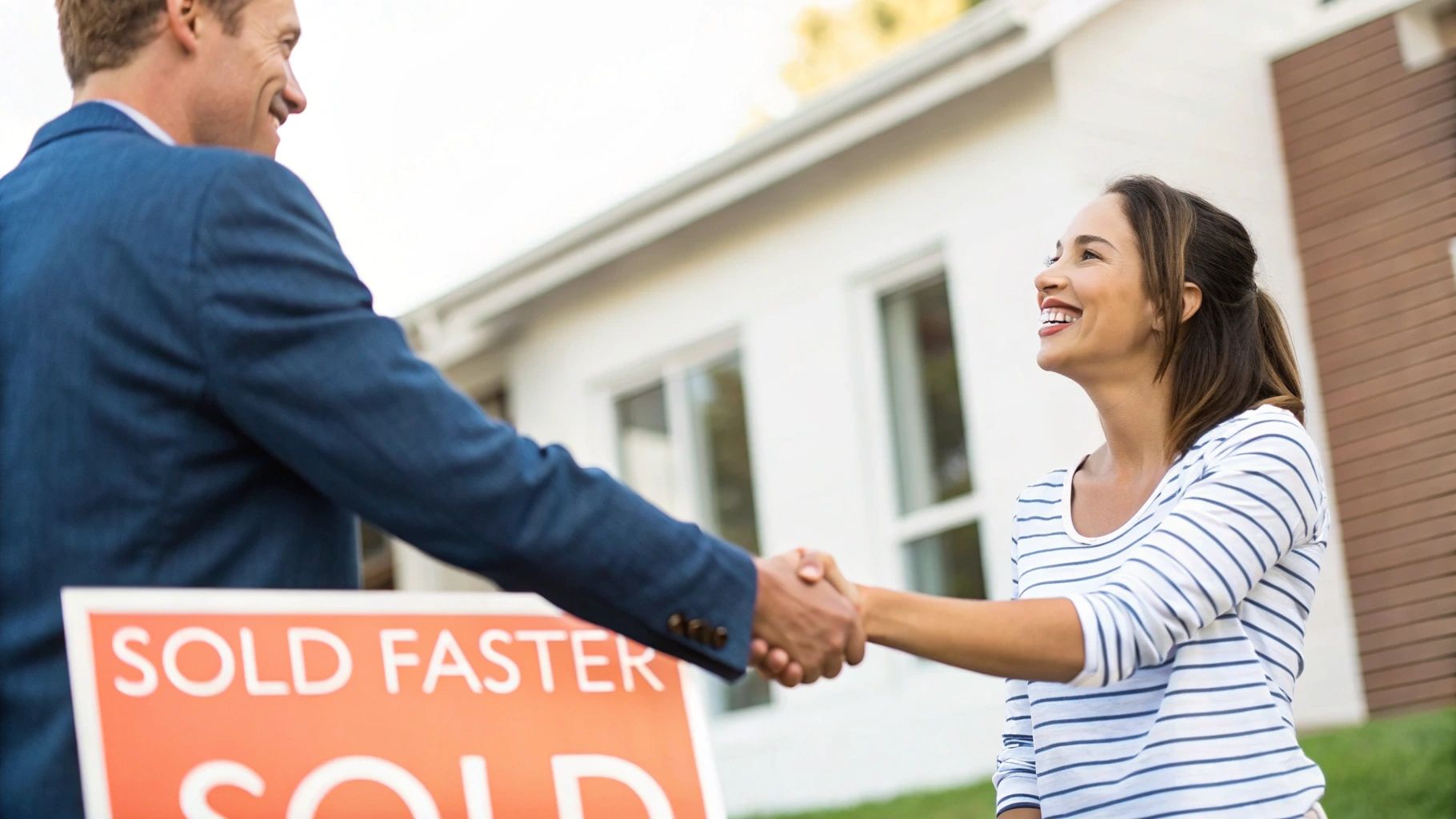 A happy woman shaking hands with a real estate agent in front of a sold house.