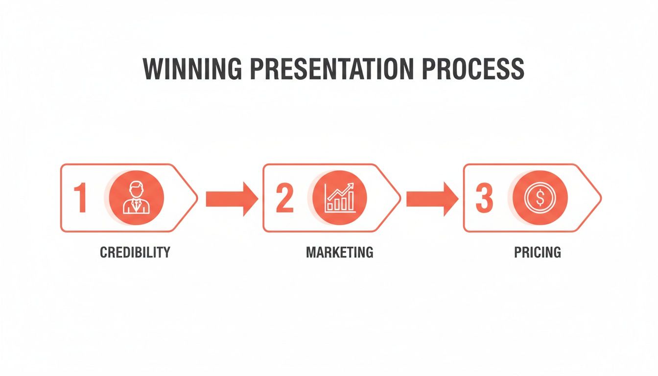 Infographic displaying a three-step winning presentation process: Credibility, Marketing, and Pricing.