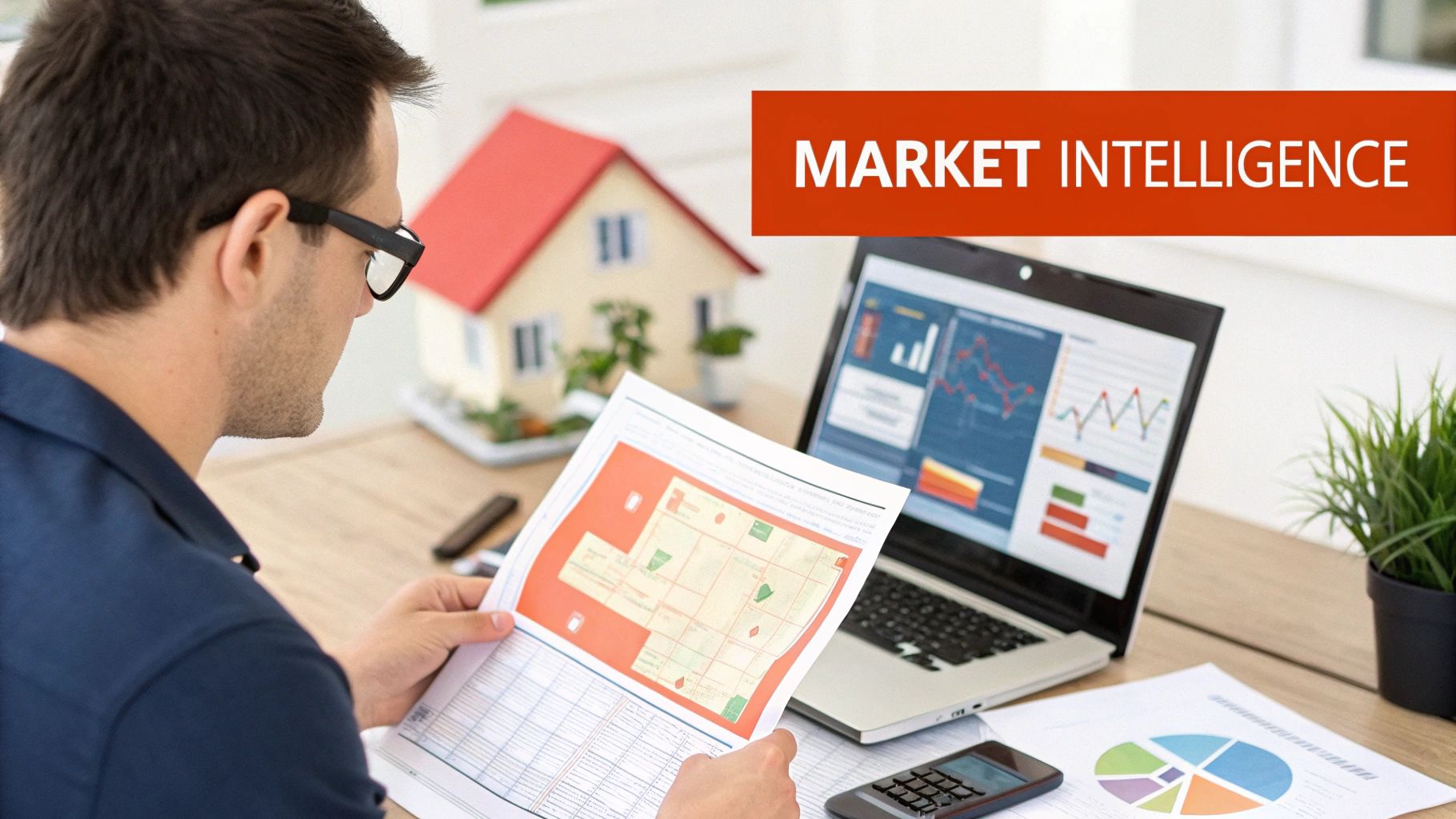 Man with glasses reviews market intelligence documents, laptop with charts, and a house model.