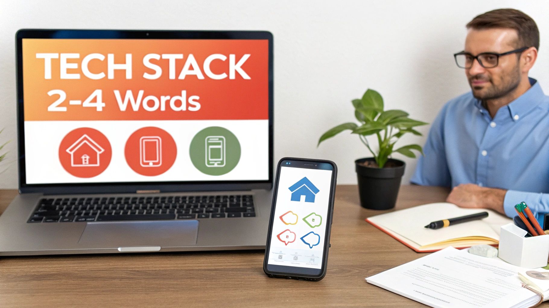 A man views a laptop displaying 'TECH STACK' and a smartphone with app icons on a desk.