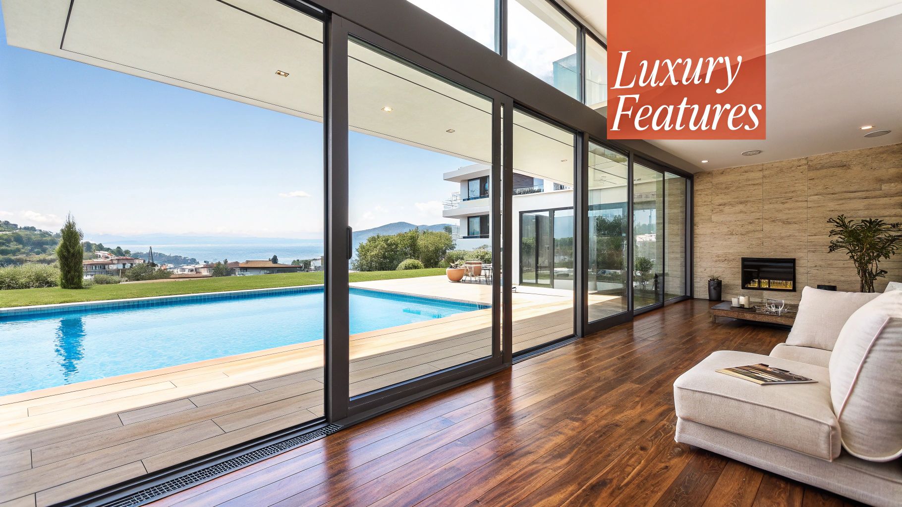 Luxurious open-plan living room with wood floors, a swimming pool, and a beautiful sea view.
