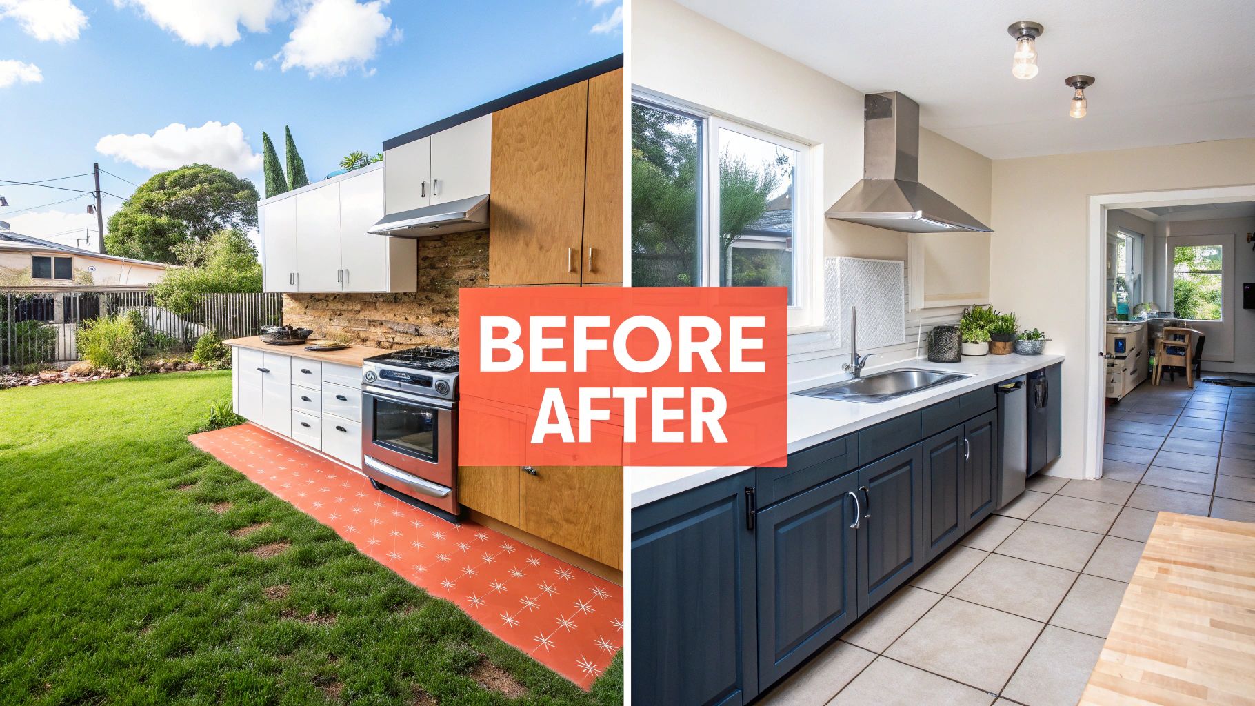 Before and after image showing an outdoor kitchen transformed into a modern indoor kitchen.
