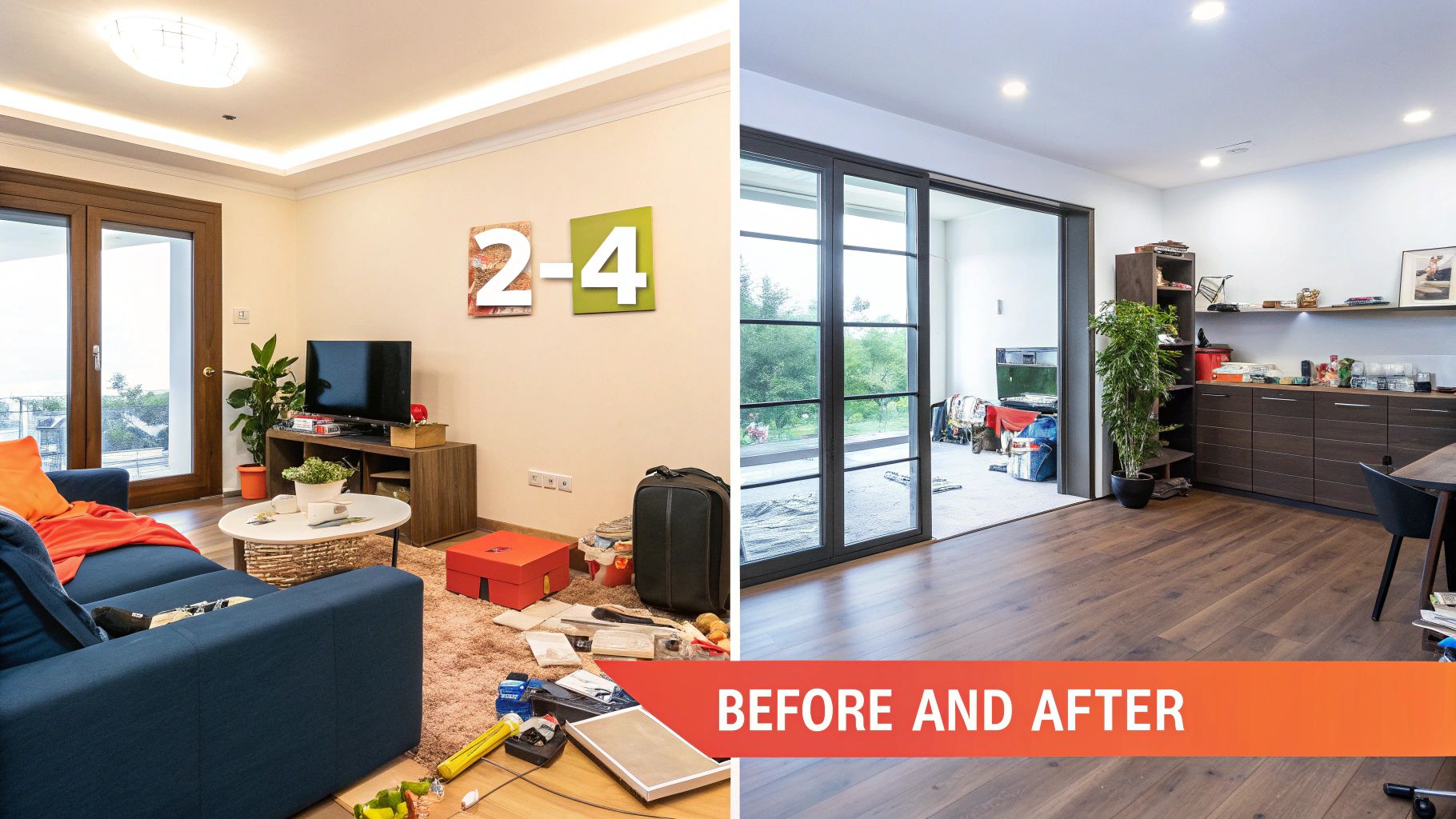 Before and after image showing a messy living room transformed into a clean, modern living space.