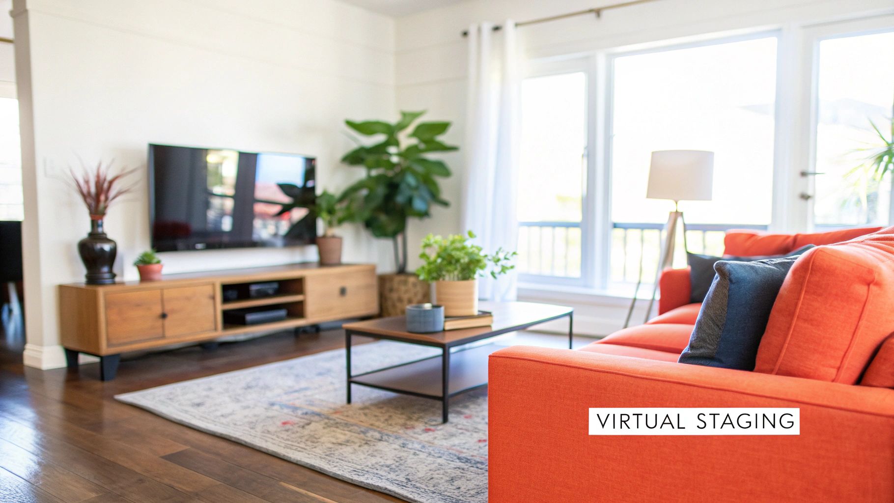 A bright, modern living room with an orange sofa, wooden TV console, coffee table, and plants.
