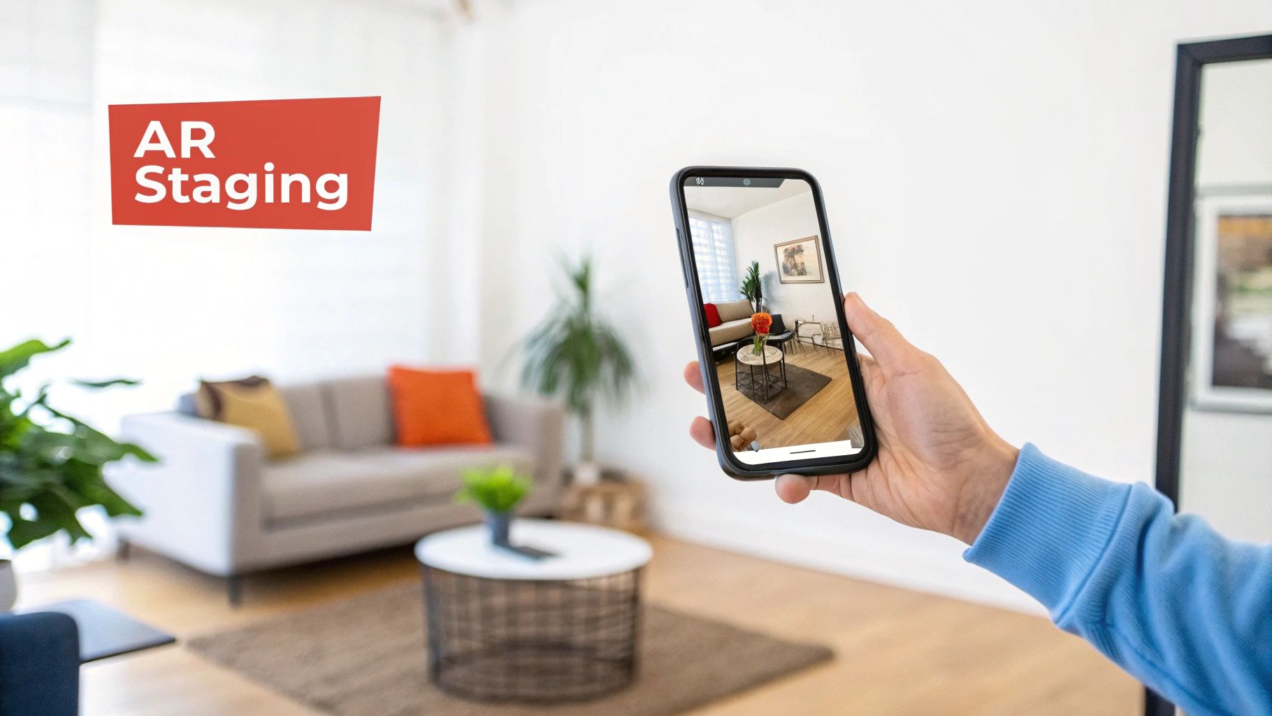 A hand holds a smartphone displaying augmented reality (AR) staging of a modern living room.