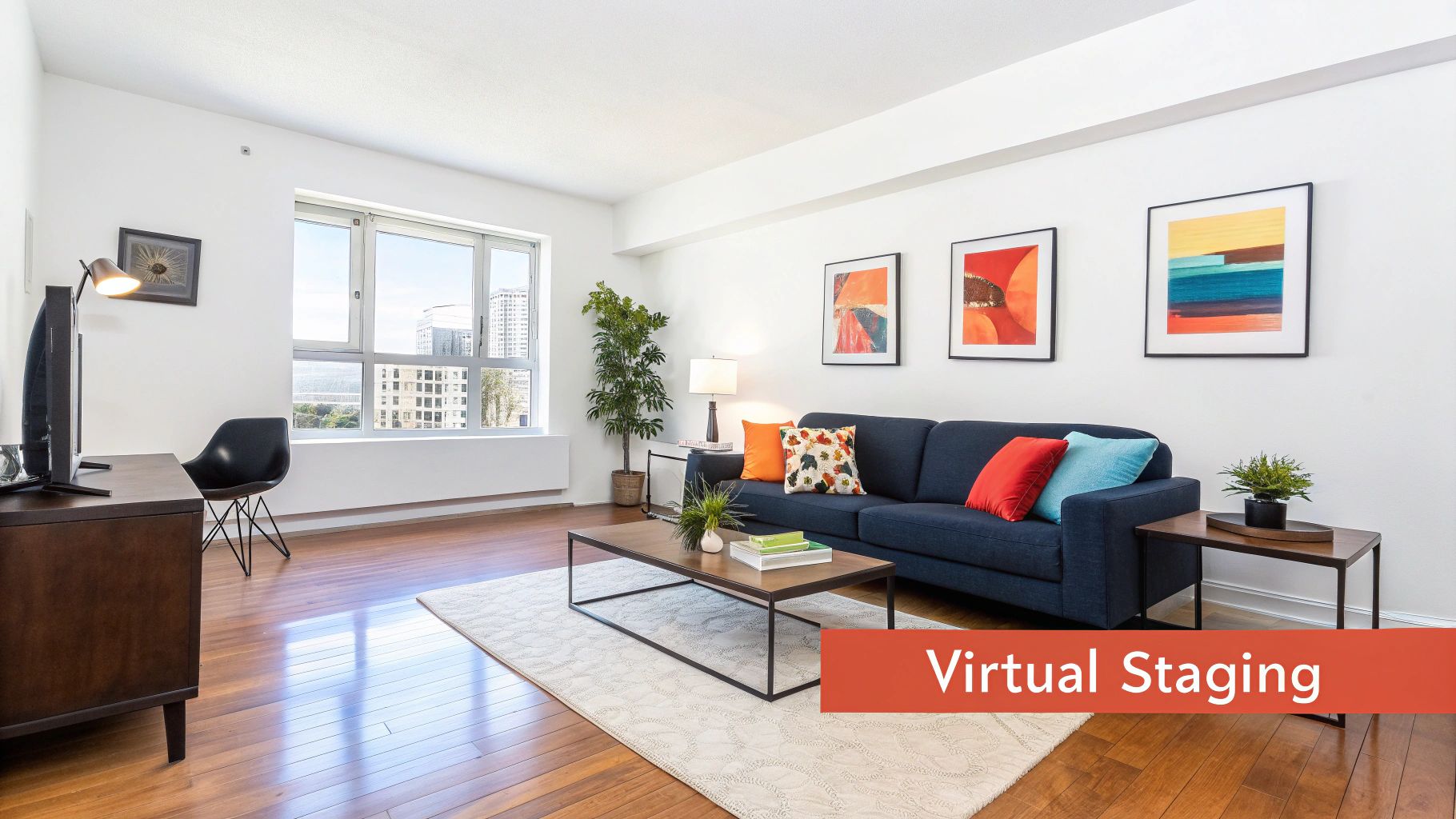 A modern, virtually staged living room with a blue sofa, coffee table, and city views from large windows.
