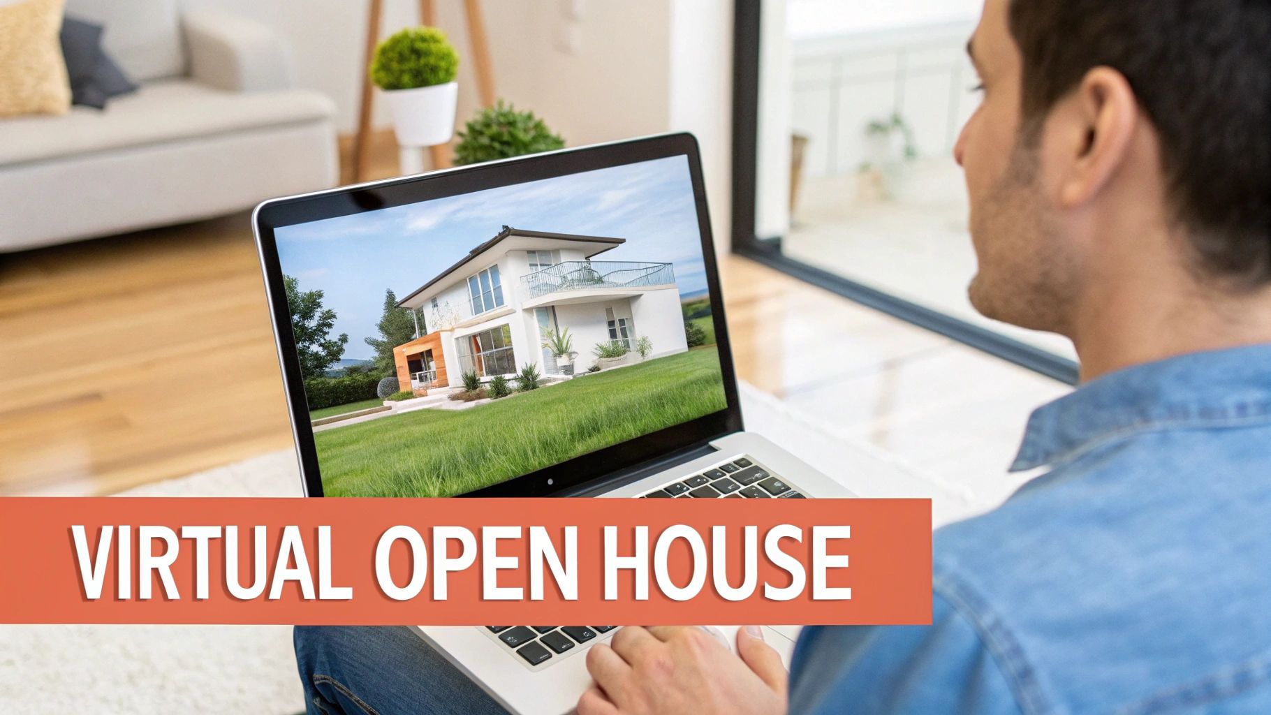 A man views a modern house on a laptop screen with a 'VIRTUAL OPEN HOUSE' banner.