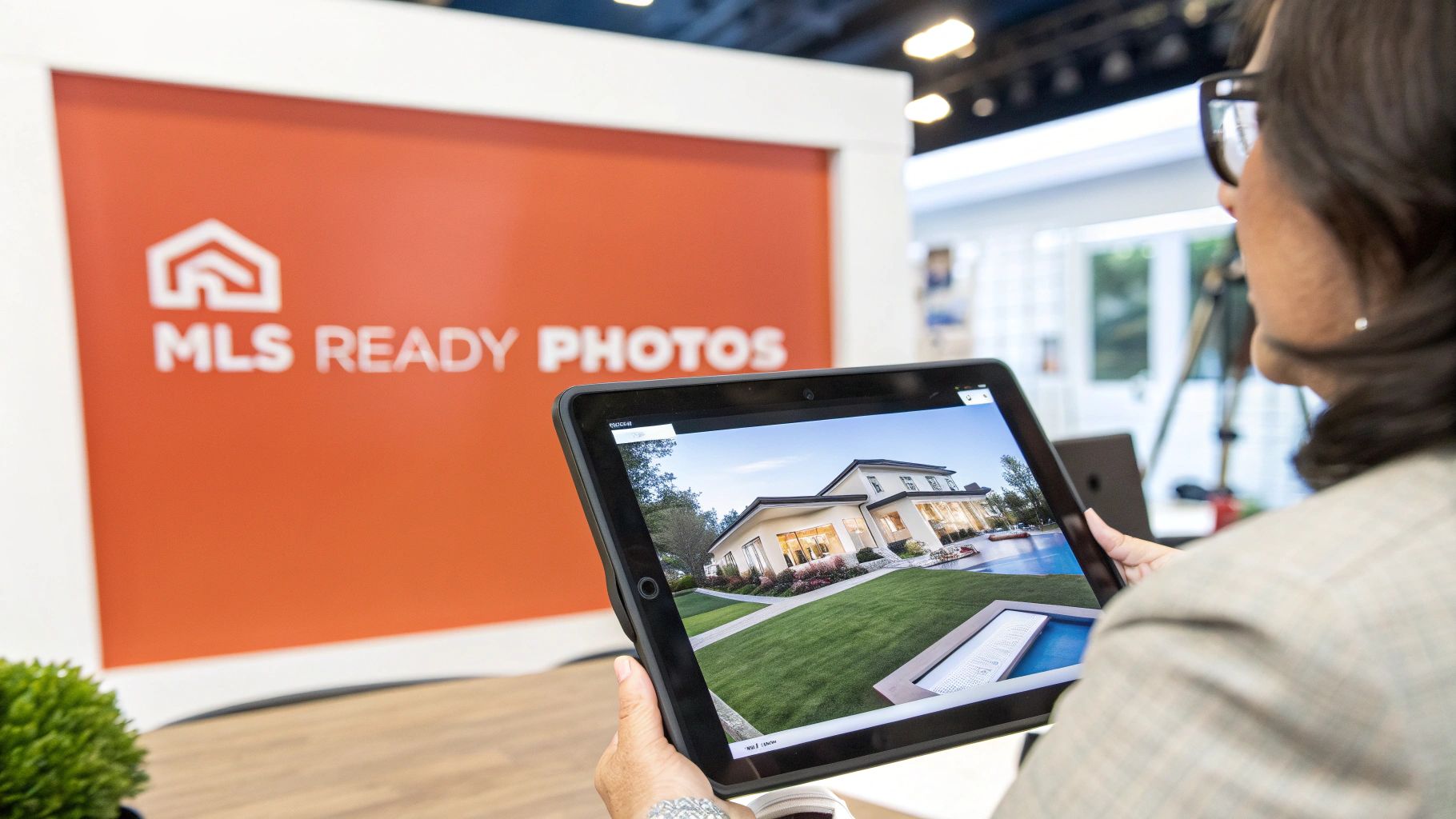 A person holds a tablet displaying a modern luxury house with a pool, with 'MLS Ready Photos' on a red wall in the background.