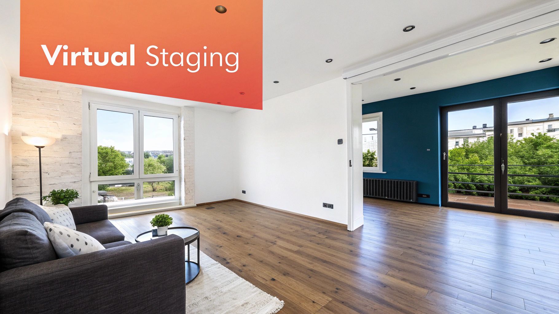 A modern, virtually staged living room featuring a dark sofa, hardwood floor, and large windows.