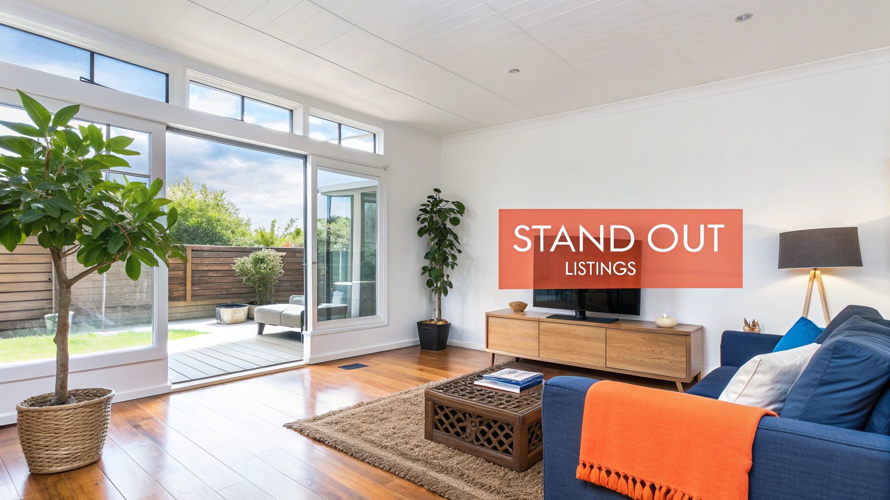 A stylish living room with a blue sofa, TV console, and large glass doors opening to a sunny patio.