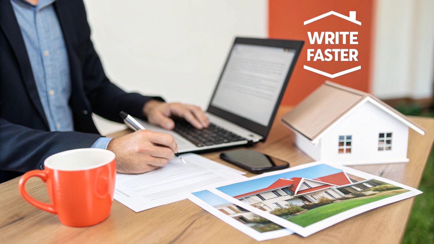 Professional writing notes and typing on a laptop with real estate documents, house model, and coffee.