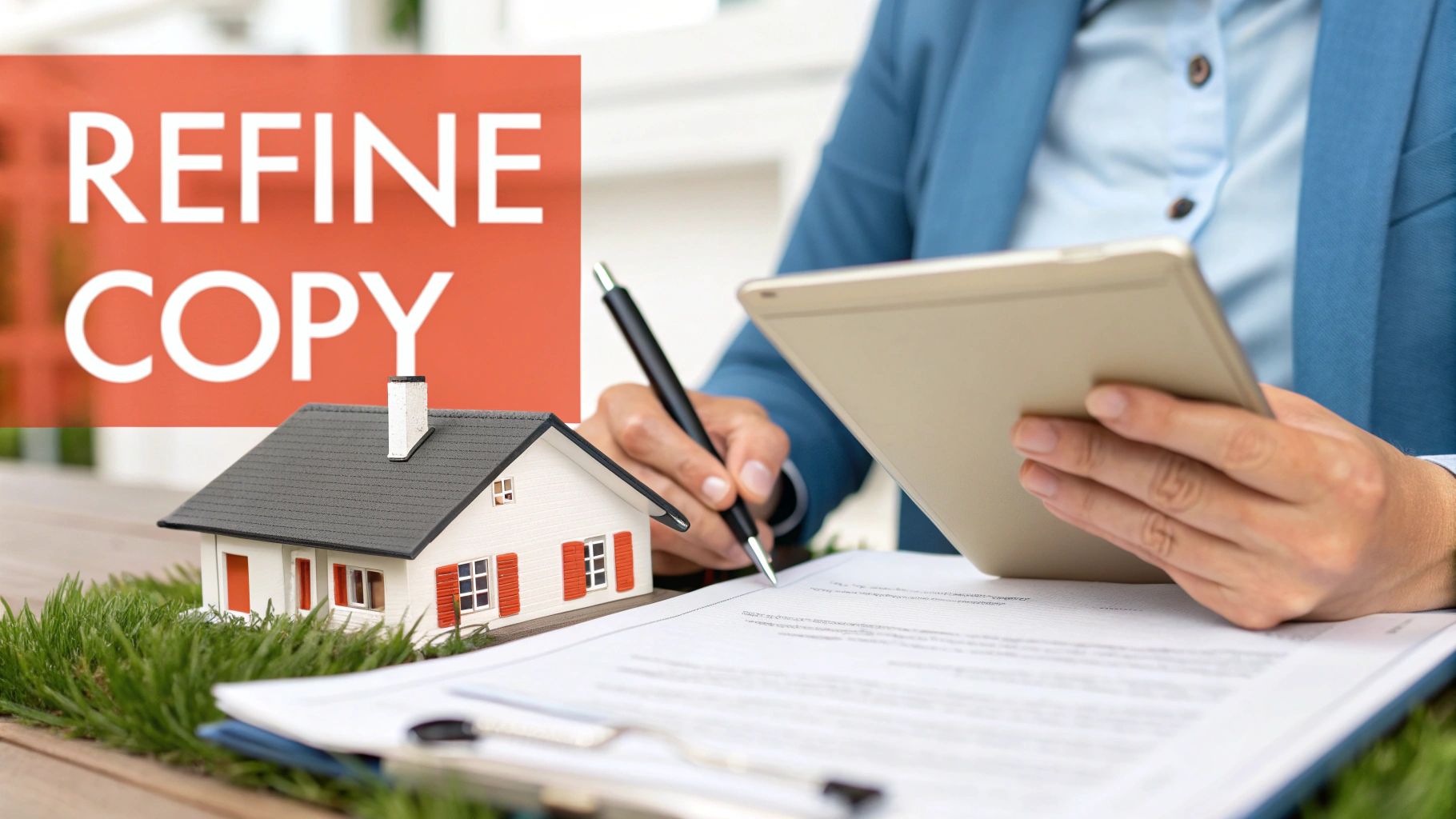 A person signs real estate documents with a pen, holding a tablet, next to a miniature house model and 'Refine Copy' text.