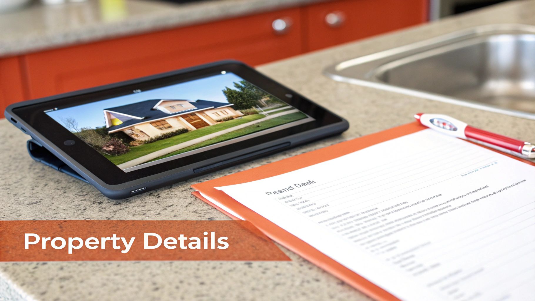A tablet displays a house image, accompanied by property details documents and a red pen on a kitchen counter.