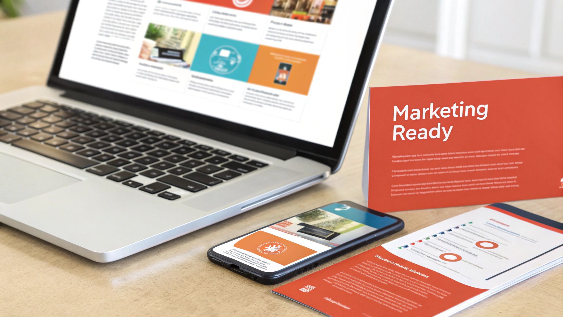 A laptop, smartphone, and various marketing materials laid out on a wooden table.