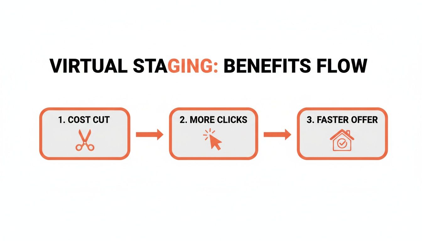 Flowchart showing the benefits of virtual staging: cost cut, more clicks, and faster offers.