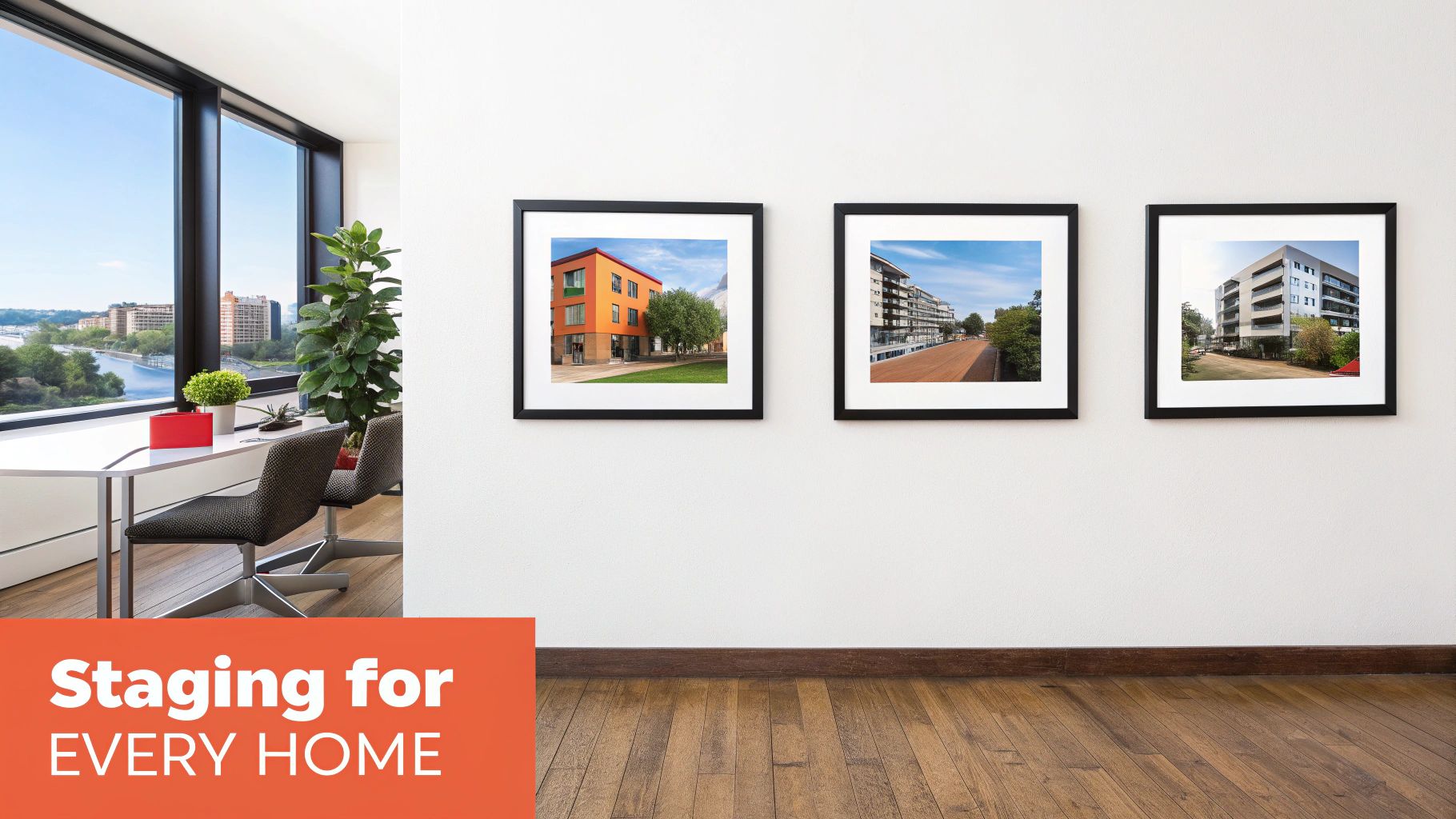Modern office interior with a city view, desk, chairs, plants, and framed photos of buildings.
