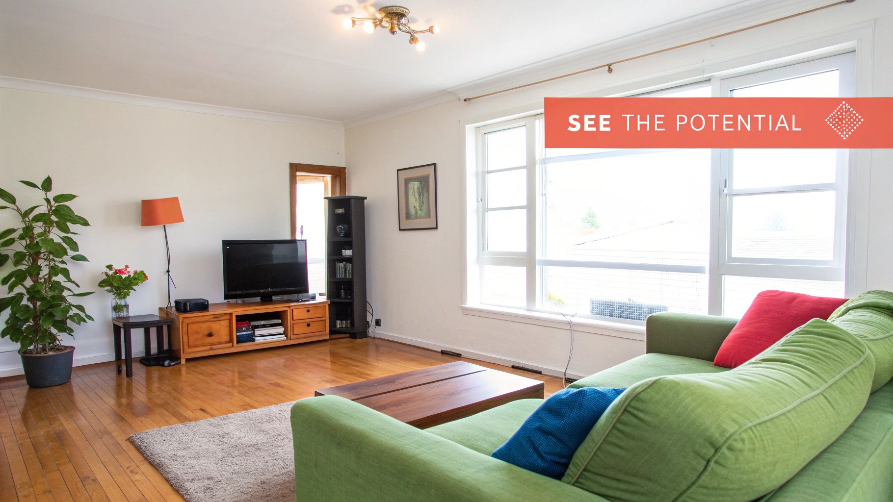 A spacious living room with a green sofa, wooden floors, TV stand, and large bright windows.