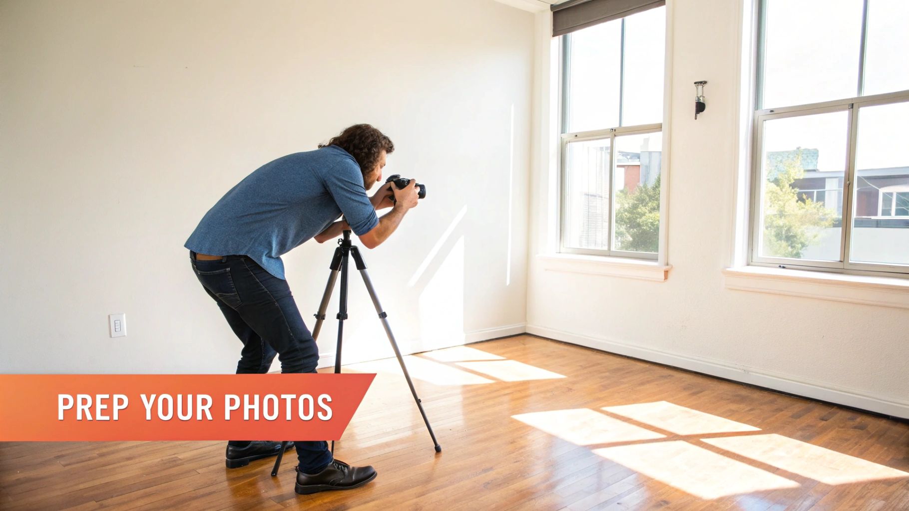 A photographer uses a tripod and DSLR camera to take pictures in an empty, sunlit room with wooden floors.
