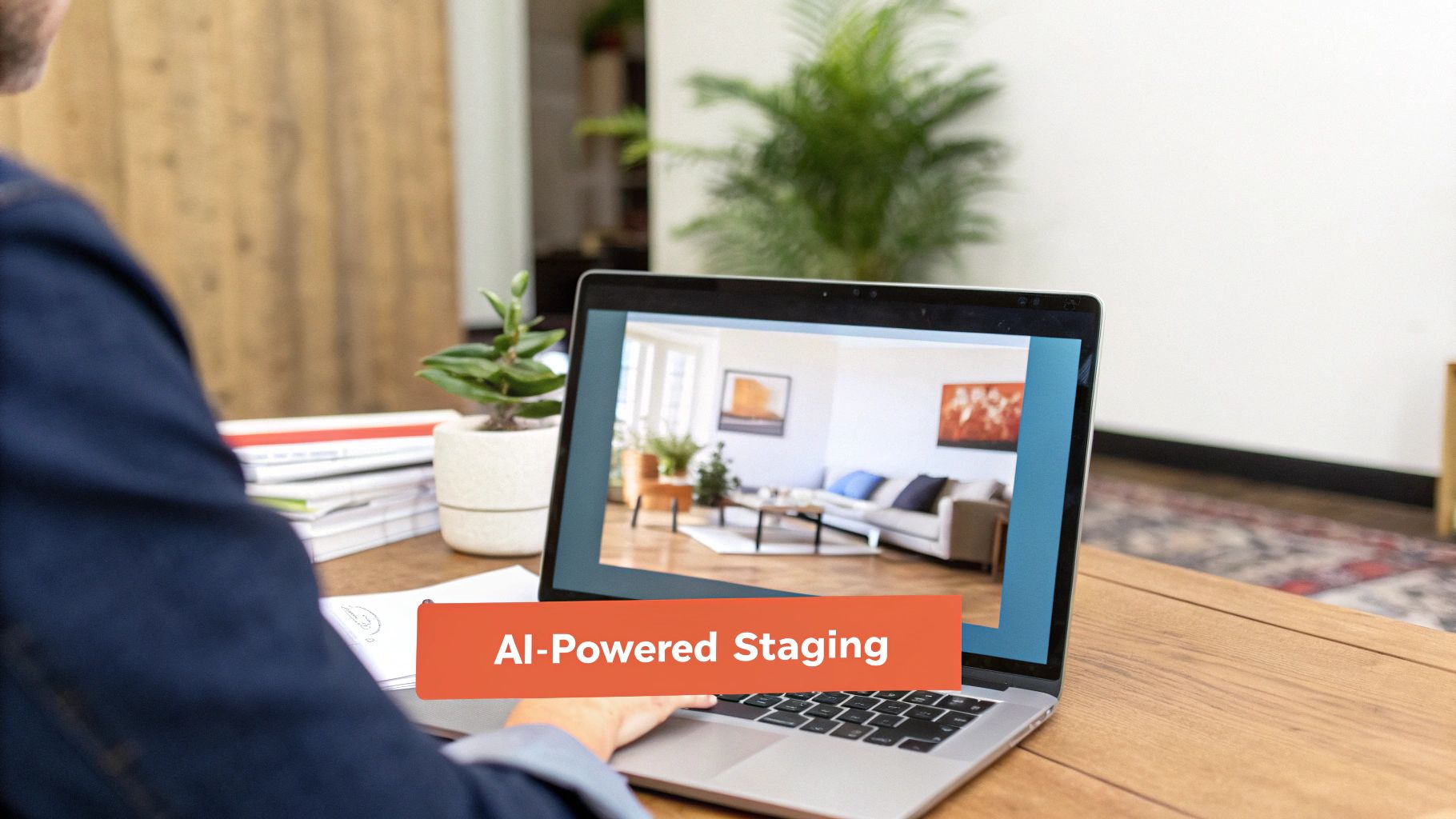 Person using a laptop displaying an AI-powered virtual staging of a modern living room.