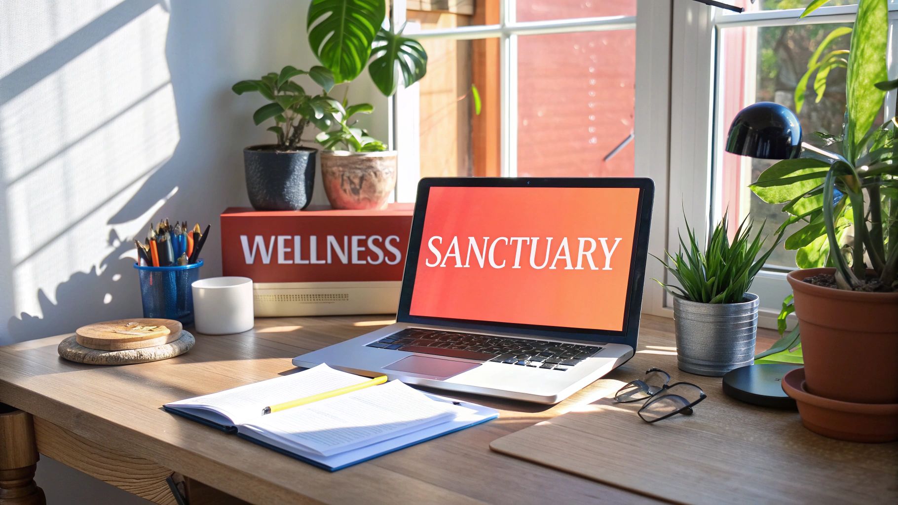 A bright home office desk setup with a laptop showing 'SANCTUARY', plants, books, and pencils by a sunny window.