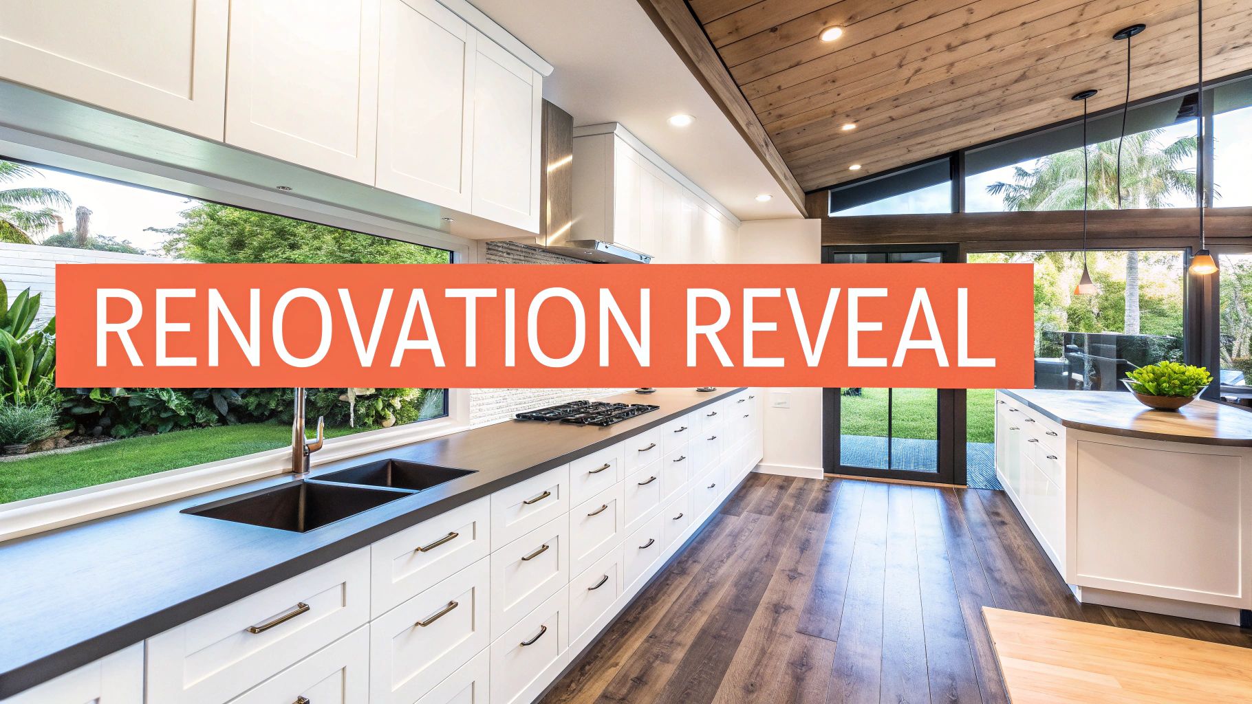 Modern kitchen renovation reveal with white cabinets, dark countertops, a large garden window, and wooden ceiling.