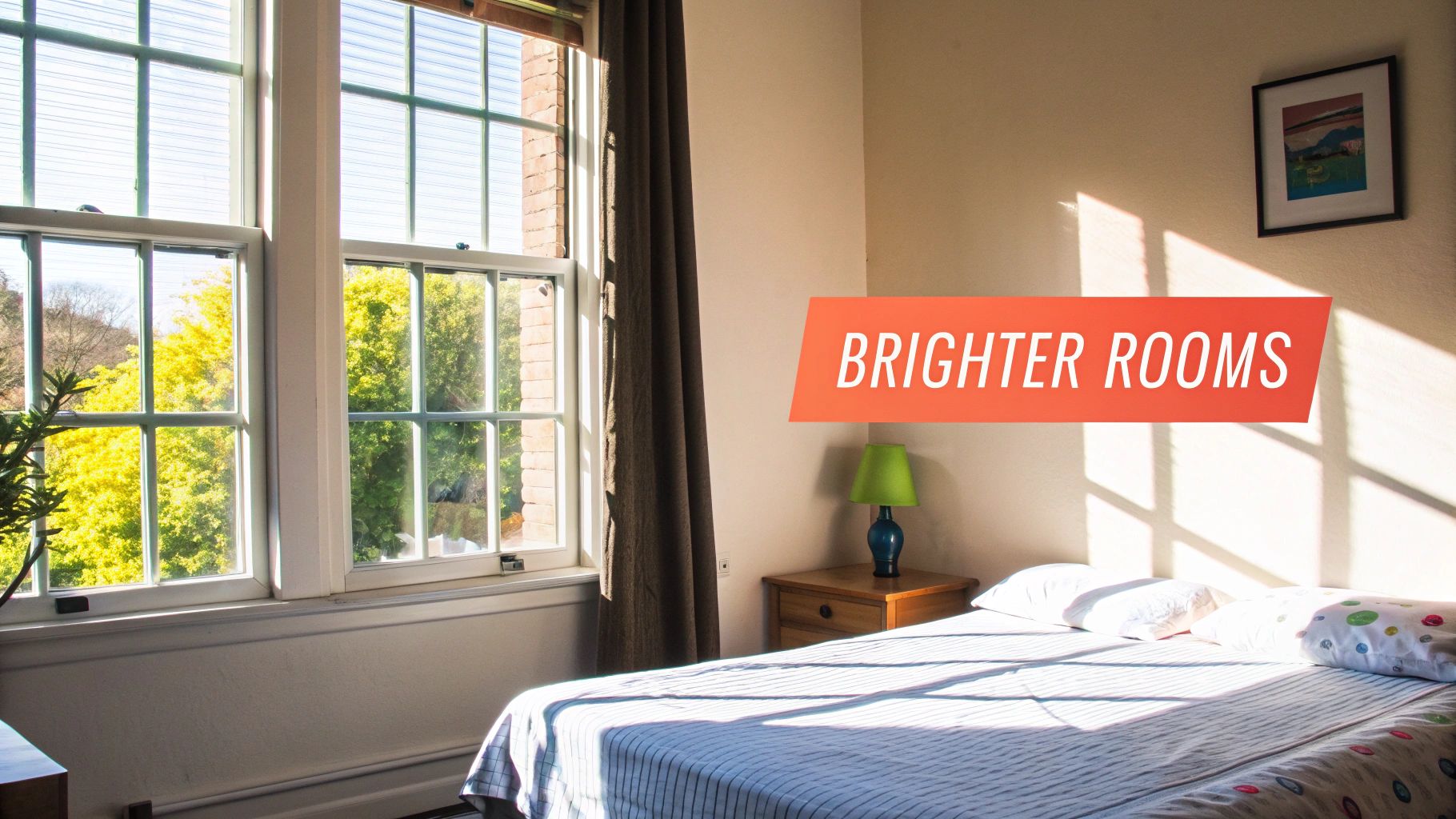 A sunny bedroom with large windows, a bed, a nightstand, and a green lamp, promoting brighter rooms.