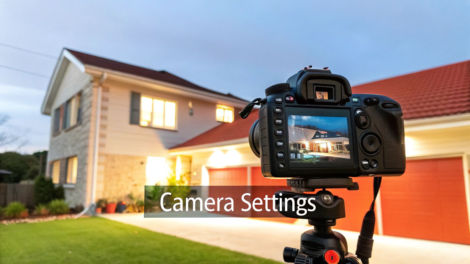 A DSLR camera on a tripod capturing a house at twilight, displaying a vibrant real estate photo.