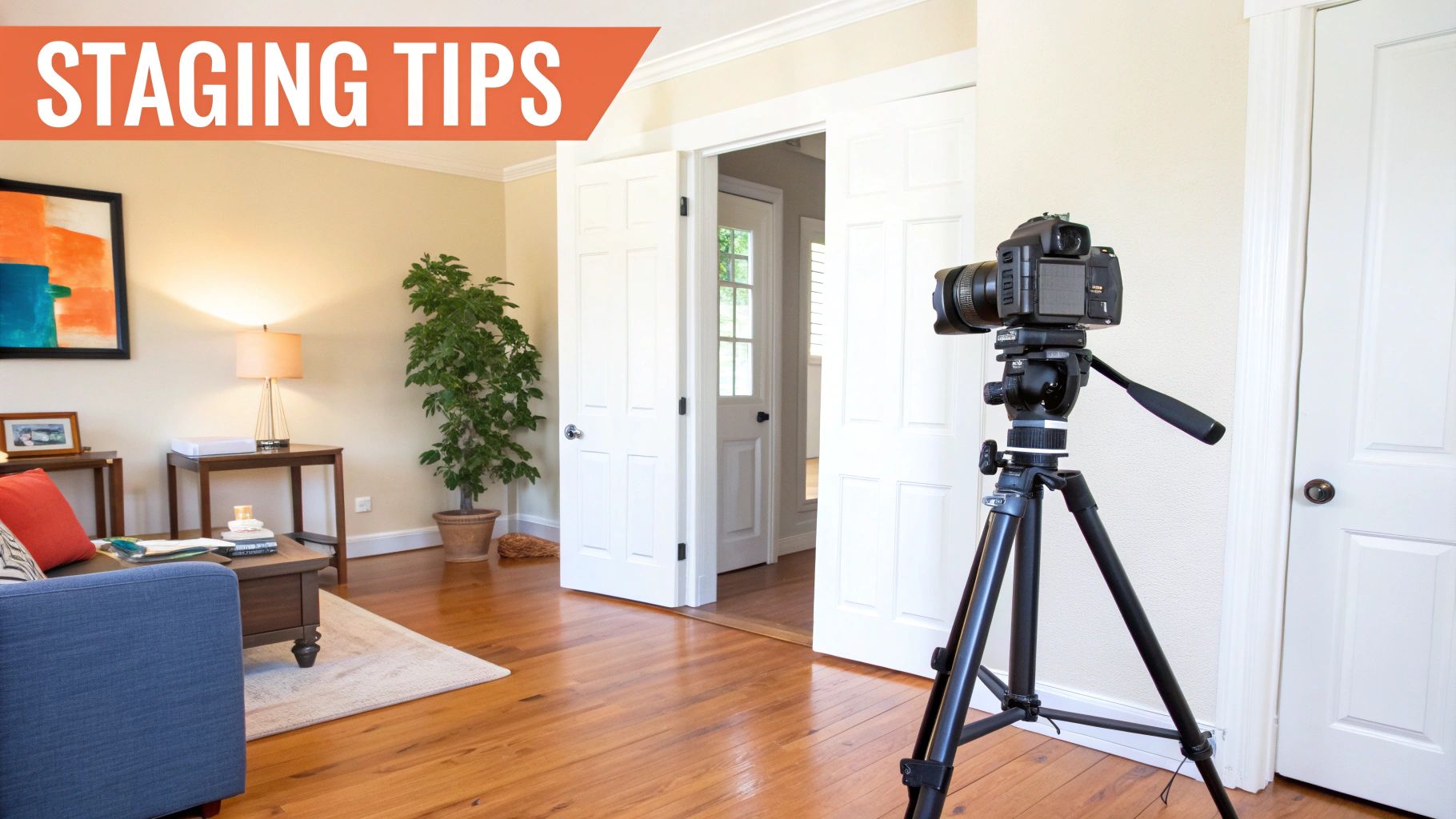 Professional camera on a tripod capturing a staged living room setup with furniture and decor, 'STAGING TIPS' banner.
